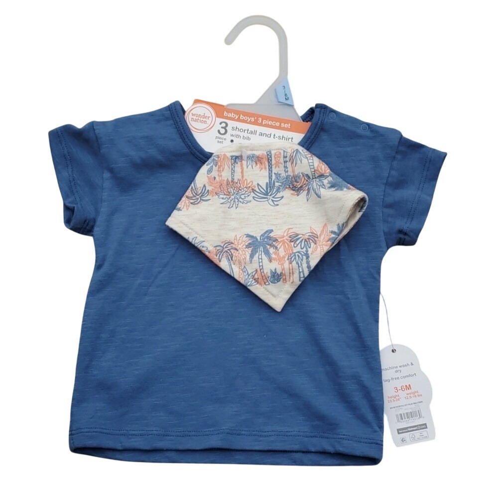 Wonder Nation Boys NWT 2 Piece Blue Short Sleeve Shirt and‎ Palm Tree Bib 3-6M